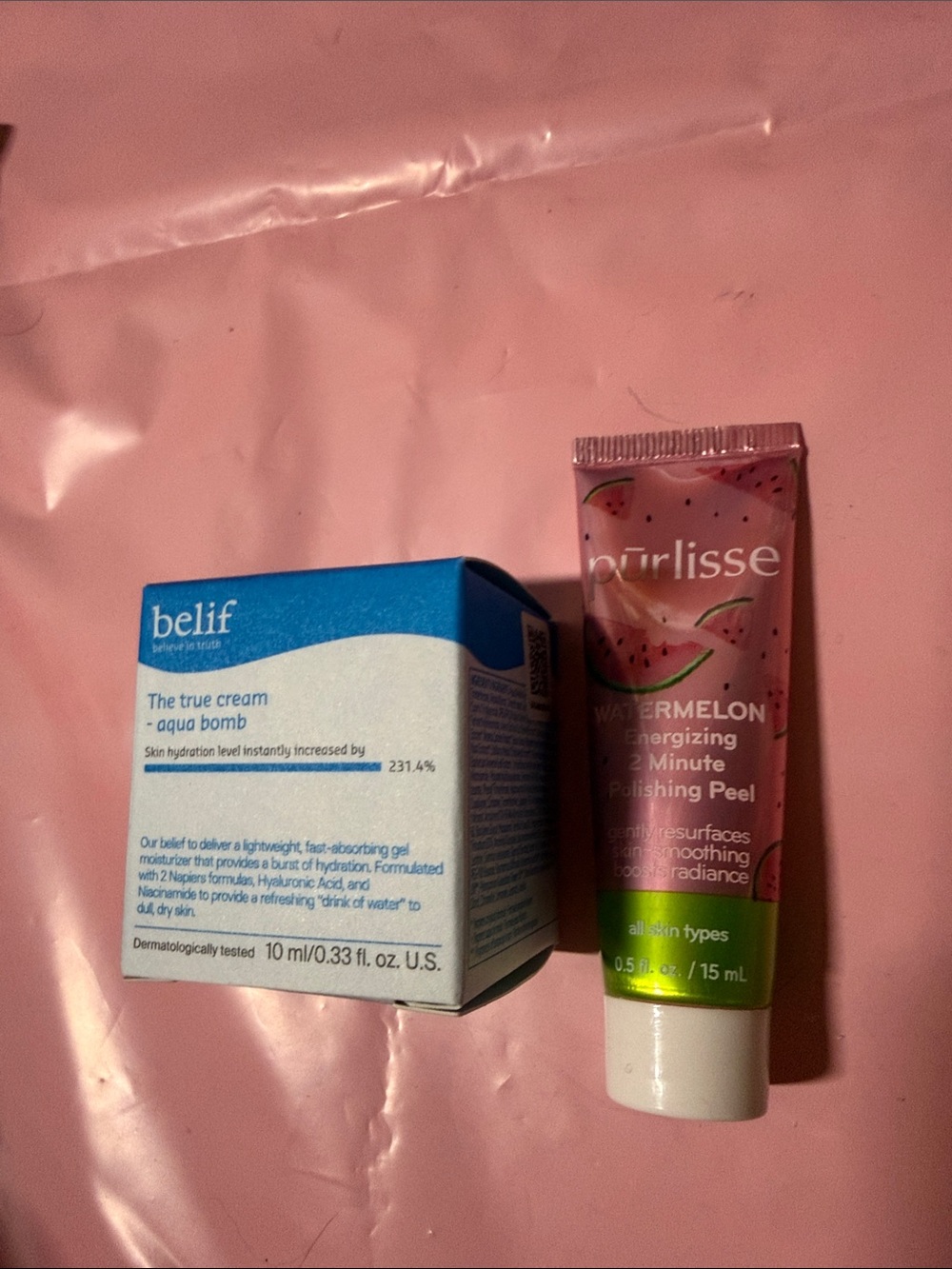 purlisse Watermelon Energizing Polishing Peel and Belif the true cream aqua bomb